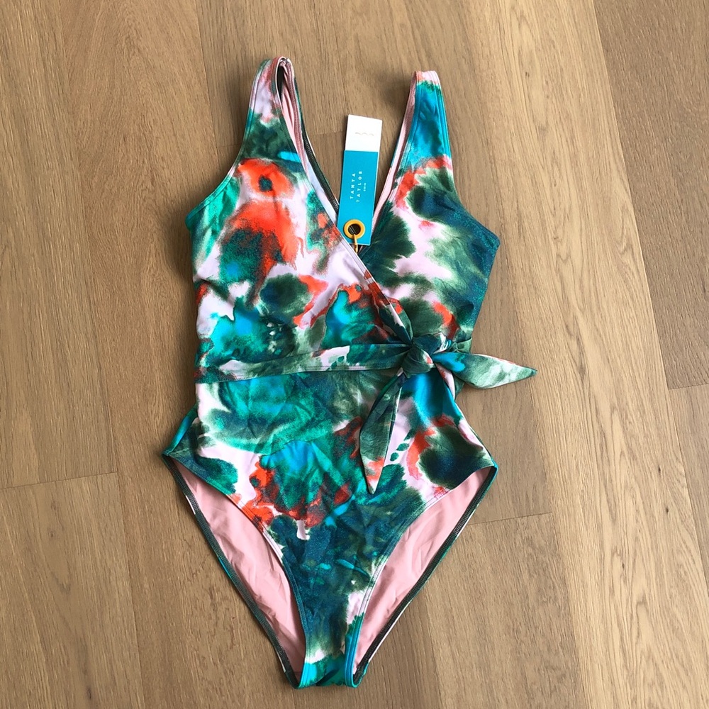 Tanya Taylor Watercolor Wrap One-Piece Swimsuit - Green, Teal, Pink, Orange